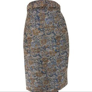 Amelia Women's NWT Blue Tan Metallic Floral Paisley Jacquard Pencil‎ Skirt 4/W29